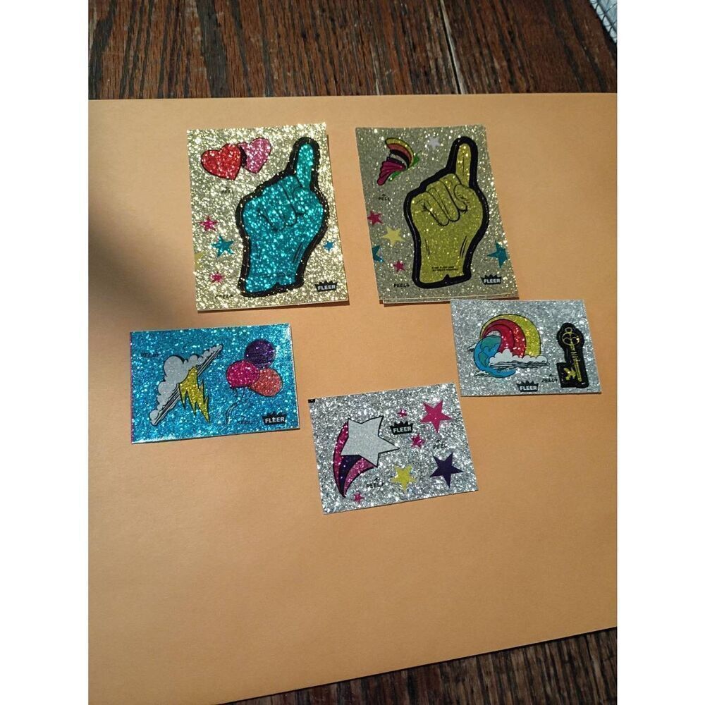 Lot of 5 Fleer Glitter Sticker Sheets Vintage 1980s Card Size and Smaller
